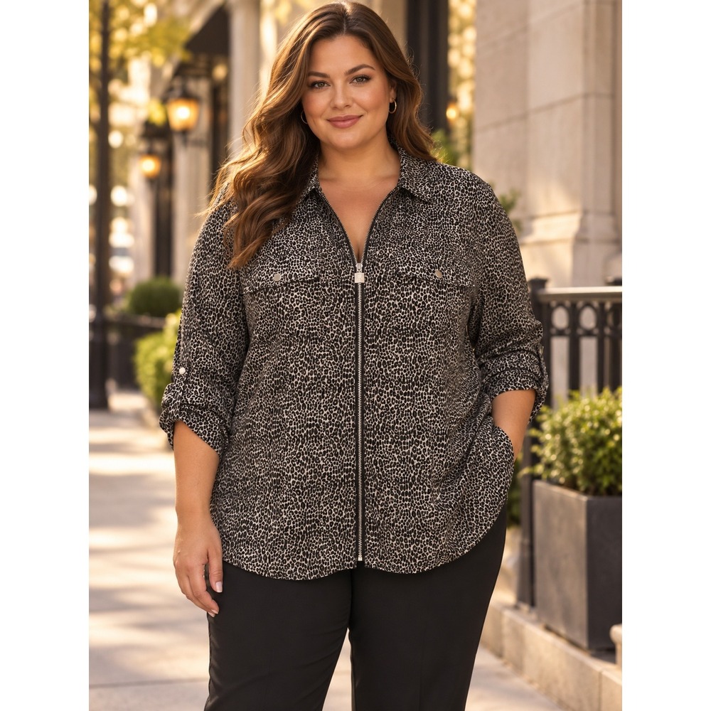 MICHAEL Michael Kors Leopard Zip Blouse Women 2X Gray Black Office Siren